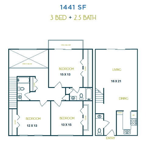 A floor plan for a 1441 square foot home with three bedrooms and two and a half baths.